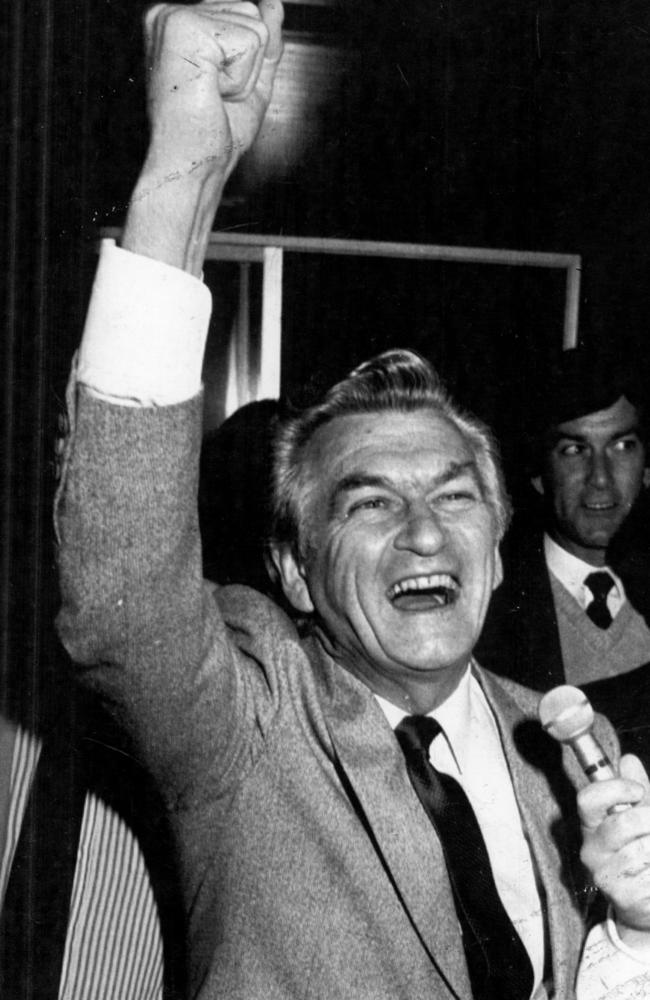 A jubilant Prime Minister Bob Hawke salutes the America’s Cup win at the all-night party at the Royal Perth Yacht Club.