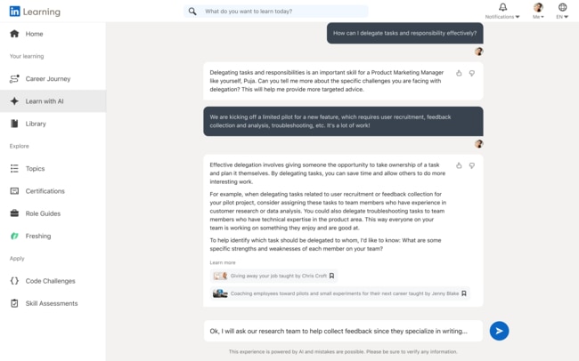 LinkedIn “learn with AI” function in action.