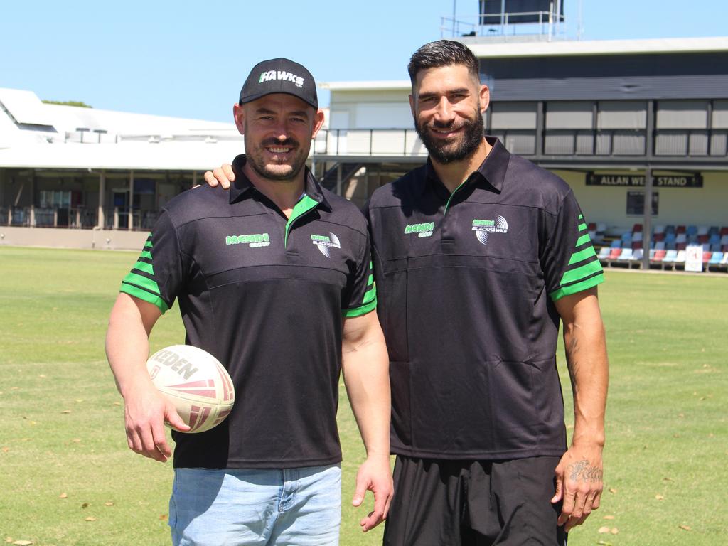 Incoming Townsville Blackhawks coach Terry Campese with 2024 signing James Tamou. Picture: Supplied.