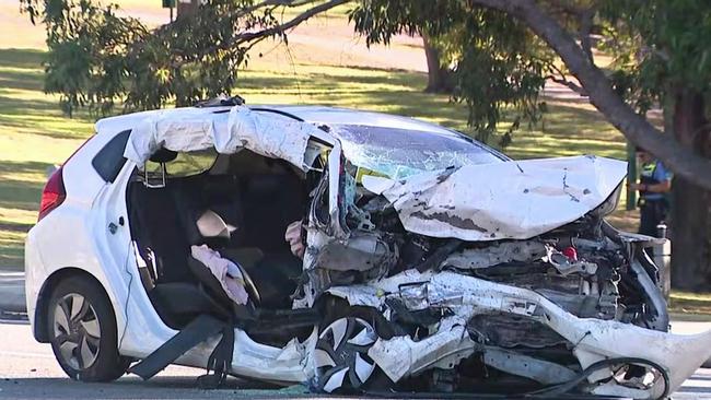 The scene of a car accident that took place on Saturday night where Rhys Bellinge was driving a Jaguar sedan that crashed into a Honda Jazz on Birdwood Parade in Dalkeith. Picture: ABC News