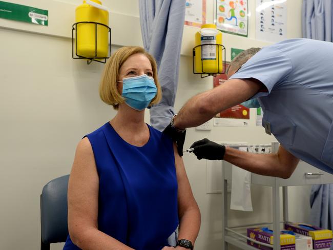 Former prime minister Julia Gillard receives her AstraZeneca vaccine at the Carrum Downs Respiratory Clinic. Picture: Andrew Henshaw