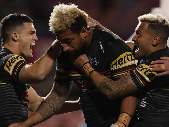 Penrith players celebrate a try by Viliame Kikau during the Penrith v Cronulla NRL match at Panthers Stadium, Penrith. Picture: Brett Costello