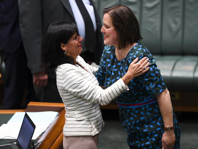 O'Dwyer is congratulated by Crossbench MP Julia Banks (left) after her speech. Picture: AAP Image/Lukas Coch