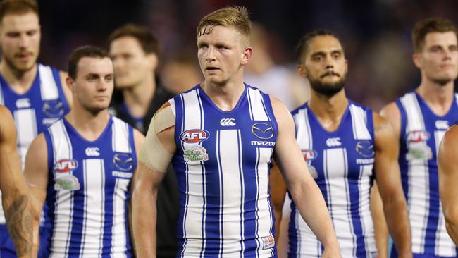 MELBOURNE, AUSTRALIA - APRIL 02: Jack Ziebell of the Kangaroos looks dejected after a loss during the 2021 AFL Round 03 match between the North Melbourne Kangaroos and the Western Bulldogs at Marvel Stadium on April 02, 2021 in Melbourne, Australia. (Photo by Michael Willson/AFL Photos via Getty Images)