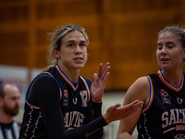 Erin Bollmann (left) and Ruby Porter were relatively quiet at the offensive end for the Darwin Salties. Picture: Ben Thompson.