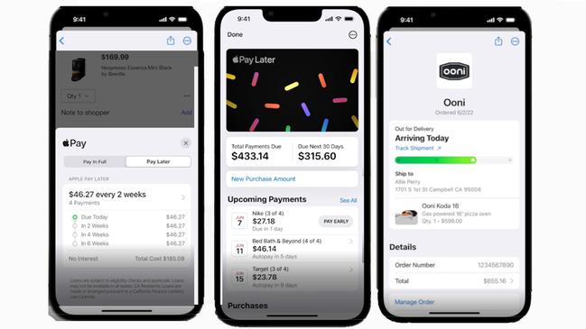 Apple is launch a BNPL service called Apple Pay Later. Left to right - Accessing the option in Apple Pay, A payments schedule and monitoring delivery in Apple Wallet. (Click on image to enlarge.)