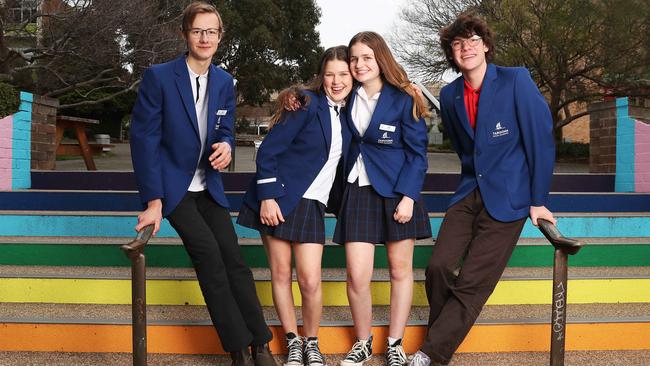 Year 10 students from Taroona High School Nicholas Carmichael 16, Jemima Baghurst 16, Chelsea March 16, Charlie Boardman 15. Taroona High School students who want to do years 11 and 12 will be able to do so from 2022 at UTAS in Sandy Bay. Picture: Nikki Davis-Jones