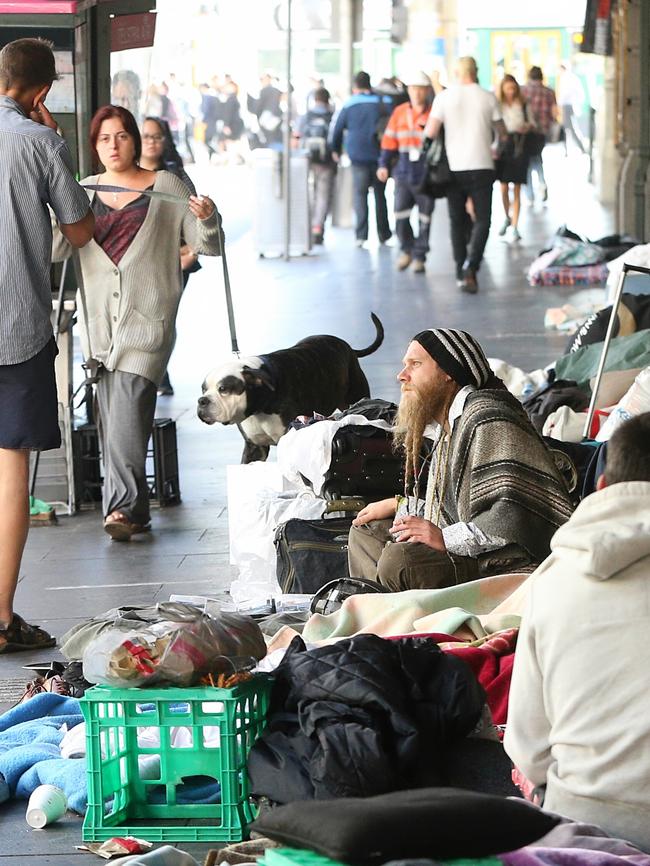 The homeless camp outside Flinders Street Station on Thursday, January 19, 2017, in Melbourne, Victoria, Australia. Picture: Hamish Blair