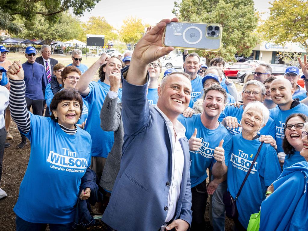 Liberal candidate Tim Wilson celebrated after declaring defeating against Independent Zoe Daniel in the seat of Goldstein. Picture: Jake Nowakowski