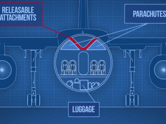 A cross-section of the prototype shows where the parachutes and luggage are stored.