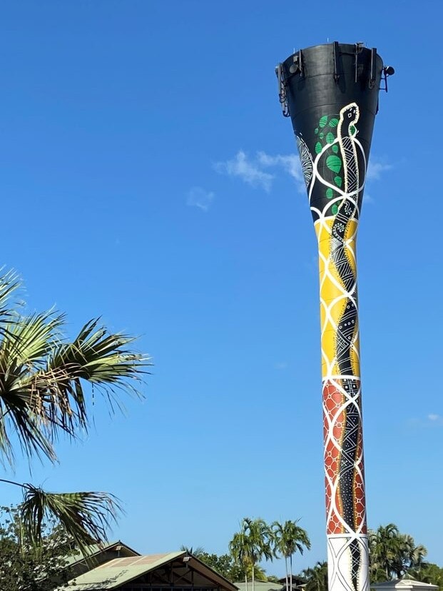 Darwin Airport’s water tower was in step with the 2023 Darwin Street Art Awards. Picture: Supplied.