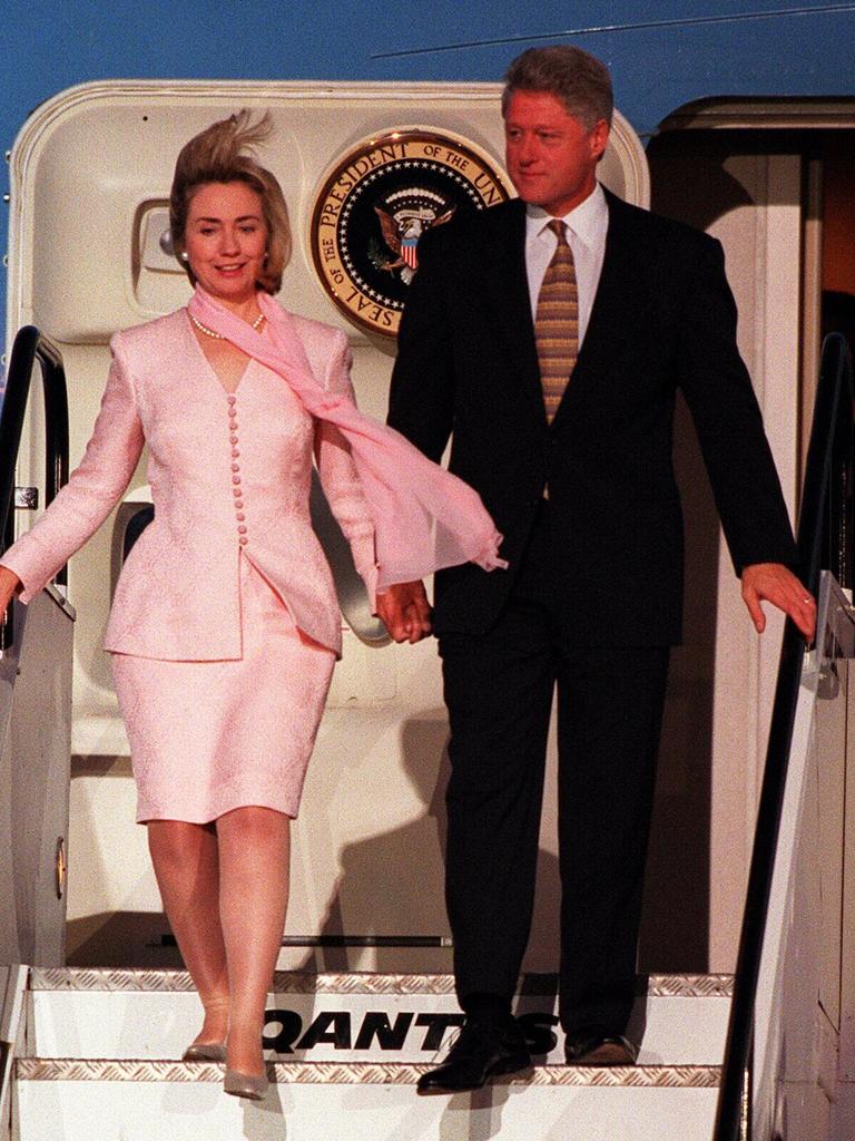 Former president Bill Clinton and Hillary stepping off Air Force One after arriving at Sydney Airport for the start of his then Aussie tour in 1996.