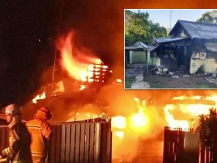 A Gympie house was destroyed by fire overnight. Quick moving fireys saved a second house from catching fire. Main photo: Adam Randell Photography, inset: Frances Klein.