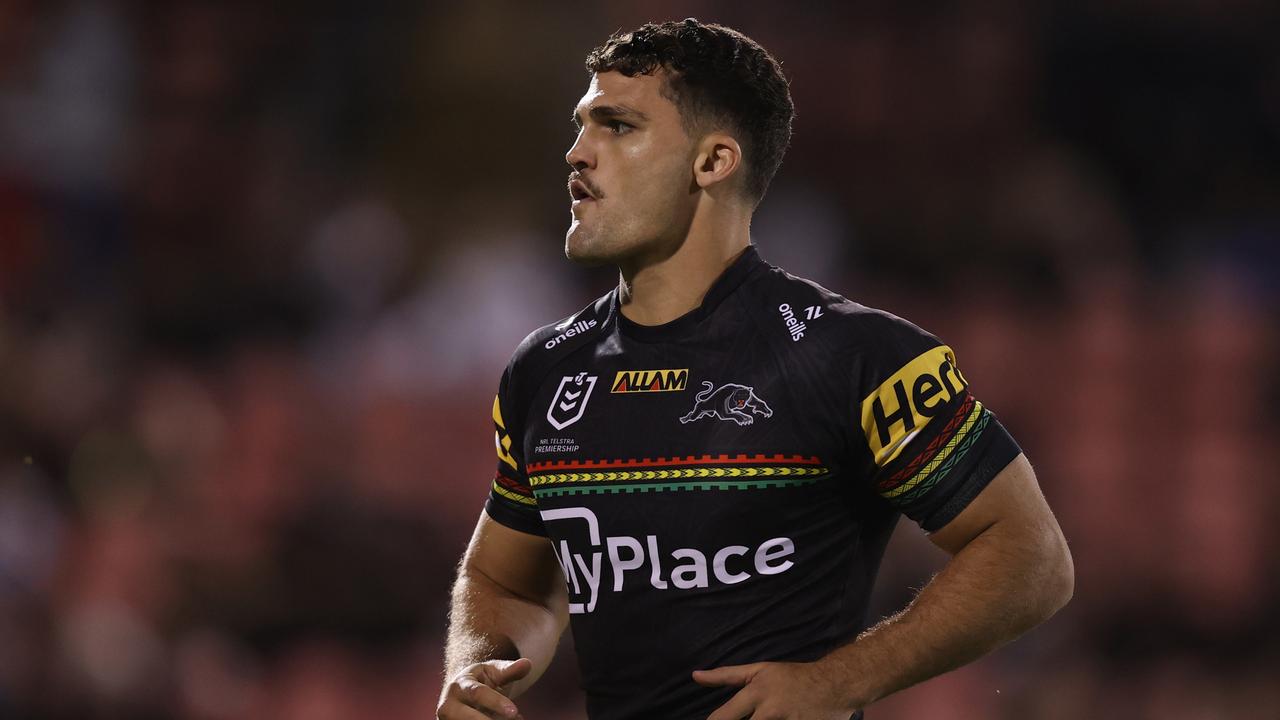 PENRITH, AUSTRALIA - MARCH 21: Nathan Cleary of the Panthers warms up ahead of the round three NRL match between Penrith Panthers and Brisbane Broncos at BlueBet Stadium on March 21, 2024 in Penrith, Australia. (Photo by Jason McCawley/Getty Images)