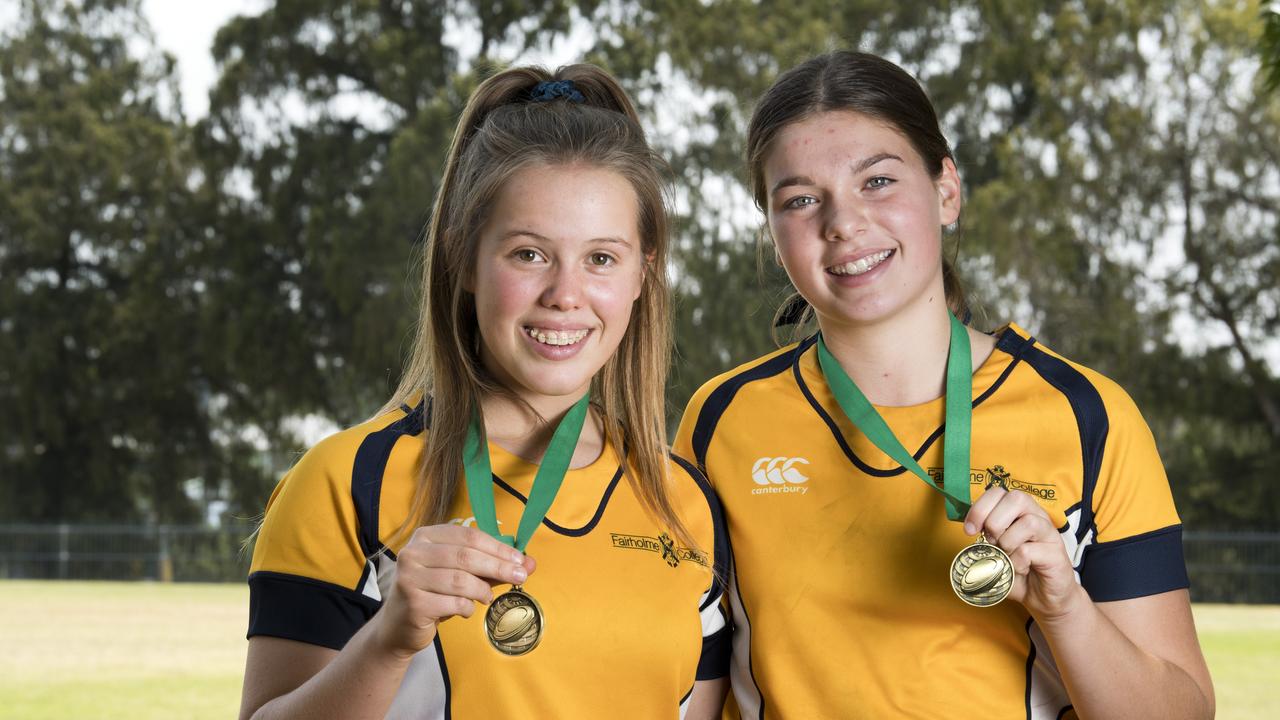 Mia Rogers and Taleah Ackland, co-captained Fairholme College’s under-15 rugby sevens team to the South West Rugby 7s title.