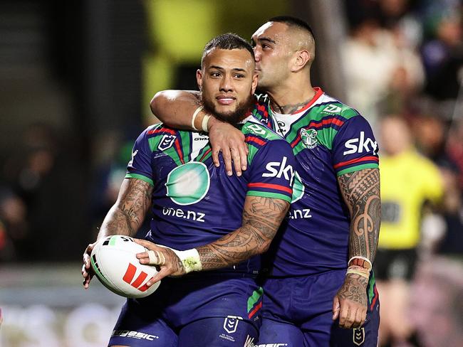 AUCKLAND, NEW ZEALAND - JULY 26: Addin Fonua-Blake (L) is congratulated on scoring a try by Marata Niukore of the Warriors during the round 21 NRL match between New Zealand Warriors and Wests Tigers at Go Media Stadium Mt Smart, on July 26, 2024, in Auckland, New Zealand. (Photo by Dave Rowland/Getty Images)