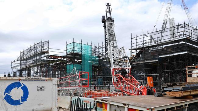 A crane collapsed today at the construction site of the Sydney Fish Markets. Pic shows the broken crane. Picture: NCA NewsWire / Max Mason-Hubers