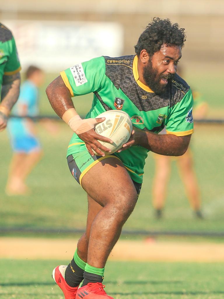 Palmerston’s Sean Huirama on the charge in the NRL NT A-Grade match between Nightcliff Dragons and Palmerston Raiders. Picture: Glenn Campbell