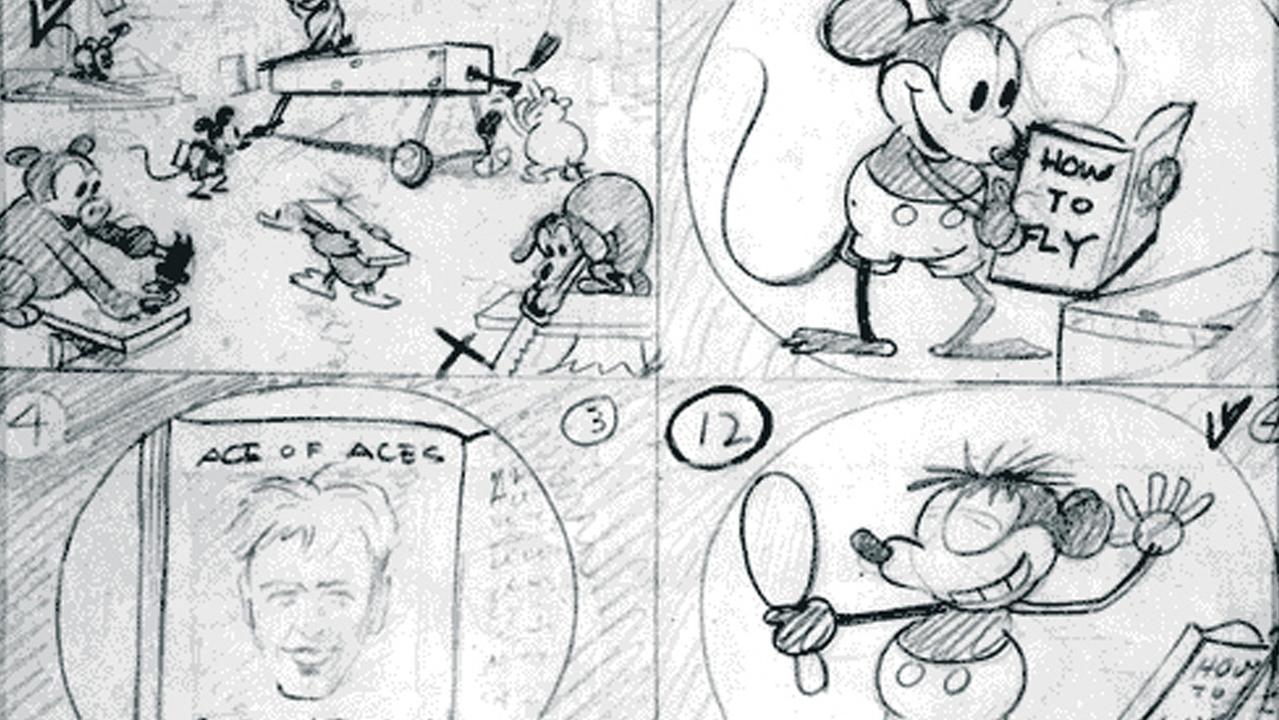 The first of six pages of a 36-panel storyboard from the Walt Disney cartoon "Plane Crazy," reported to be the first drawings of Mickey Mouse.