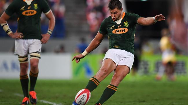 South Africa’s Handre Pollard takes a penalty kick at the Kumagaya Rugby Stadium.