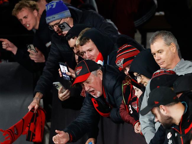 MELBOURNE, AUSTRALIA - JULY 27: Bombers fans are seen as the team leaves the field during the 2024 AFL Round 20 match between the St Kilda Saints and the Essendon Bombers at Marvel Stadium on July 27, 2024 in Melbourne, Australia. (Photo by Michael Willson/AFL Photos via Getty Images)