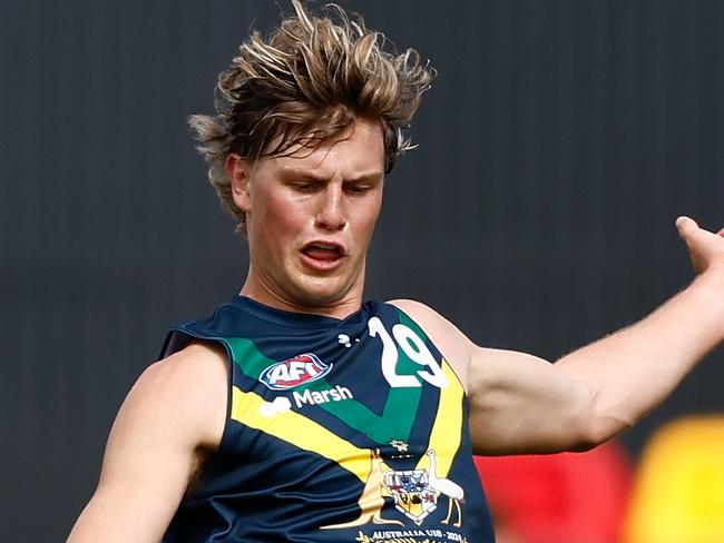 MELBOURNE, AUSTRALIA - APRIL 13: Josh Smillie of the AFL Academy in action during the 2024 AFL Academy match between the Marsh AFL National Academy Boys and Coburg Lions at Ikon Park on April 13, 2024 in Melbourne, Australia. (Photo by Michael Willson/AFL Photos via Getty Images)