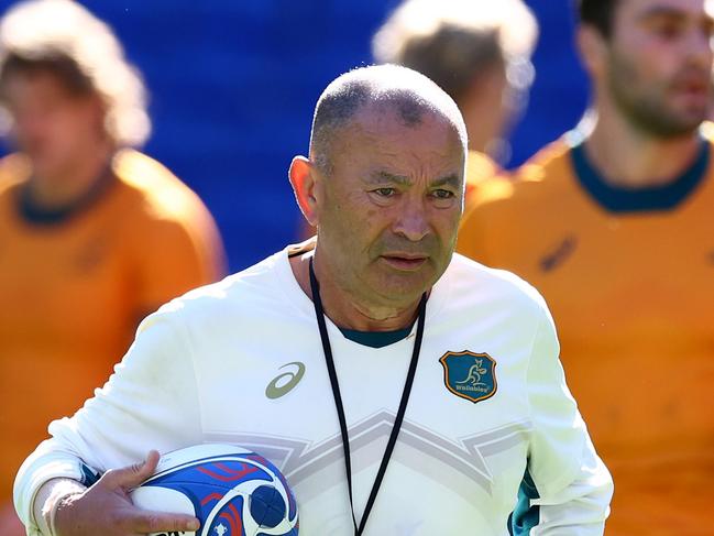 LYON, FRANCE - SEPTEMBER 23: Head Coach, Eddie Jones looks on during the Australia captain's run ahead of their Rugby World Cup France 2023 match against Wales at Parc Olympique on September 23, 2023 in Lyon, France. (Photo by Chris Hyde/Getty Images)