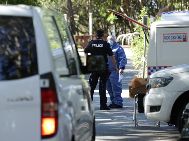 Forensic police at the scene of the fatal attack. Picture: Lachie Millard