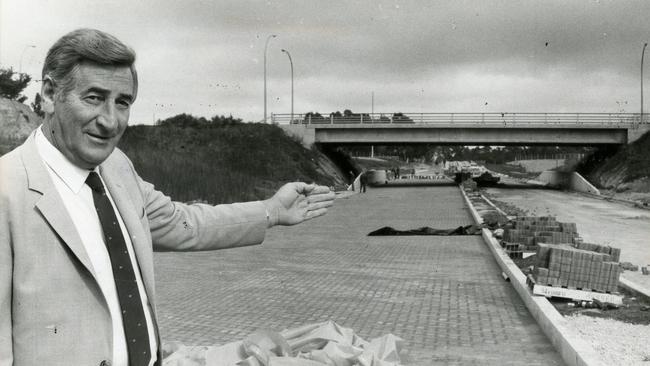 Then Transport Minister Roy Abbott indicating the proposed extension from Paradise to Modbury in 1984. Picture: staff photographer