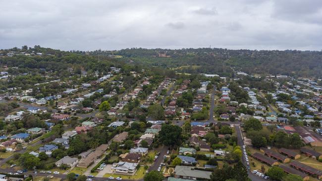 Aerial view of neighbourhood streets of Lismore, NSW, Australia on a cloudy day