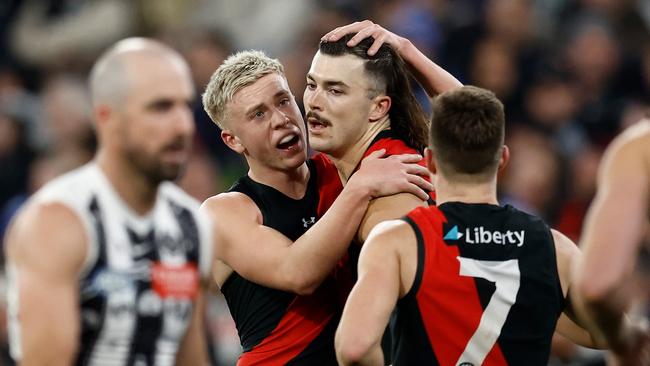 Nate Caddy (left) and Sam Draper of the Bombers. (Photo by Michael Willson/AFL Photos via Getty Images)