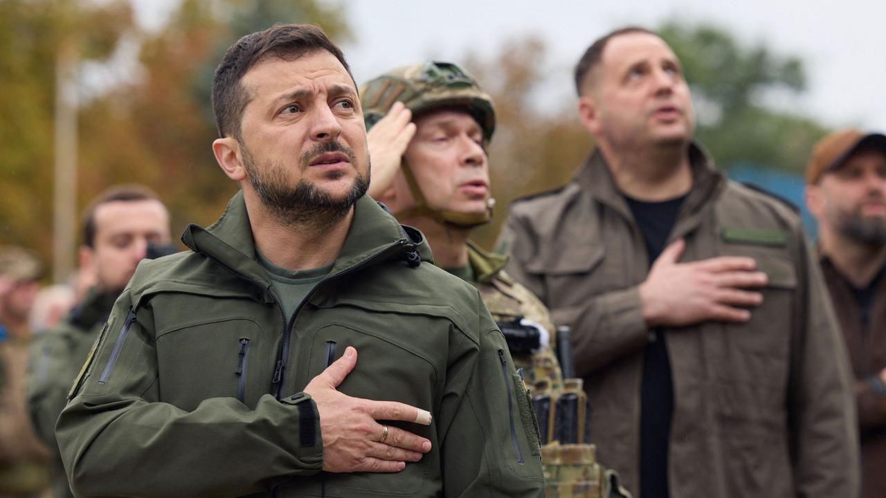 Ukrainian President Volodymyr Zelensky visits the east Ukraine city of Izyum, which was recently recaptured from Russia. Picture: Ukrainian Presidential Press Service/AFP