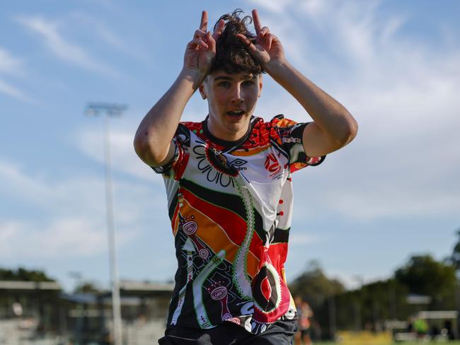 Ashtyn Ferguson celebrates a goal. Picture: Michael Gorton. U16 Boys NAIDOC Cup at Lake Macquarie Regional Football Facility.