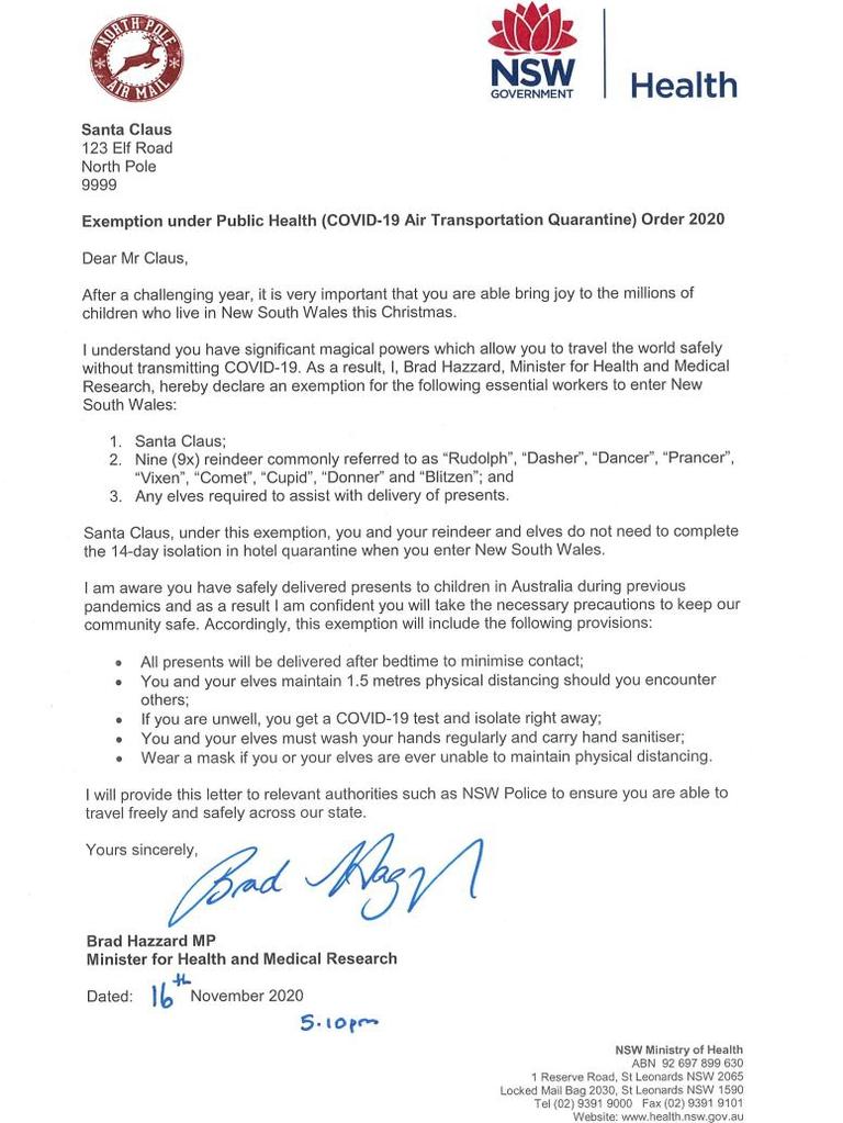 Copy of the letter from Health Minister Brad Hazzard to Santa Claus giving him exemption to travel in Australia.