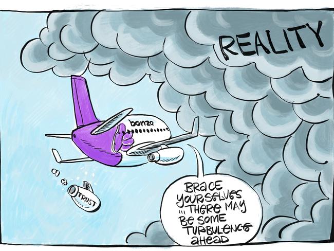 Cartoonist Harry Bruce's take on the Bonza drama after the company cancelled multiple regional flight routes in July.