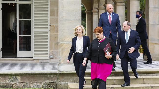 Defence Minister Peter Dutton, Foreign Minister Marise Payne, British Foreign Secretary Liz Truss and British Defence Secretary Ben Wallace following a joint press conference on Friday. Picture: NCA NewsWire/Dylan Robinson