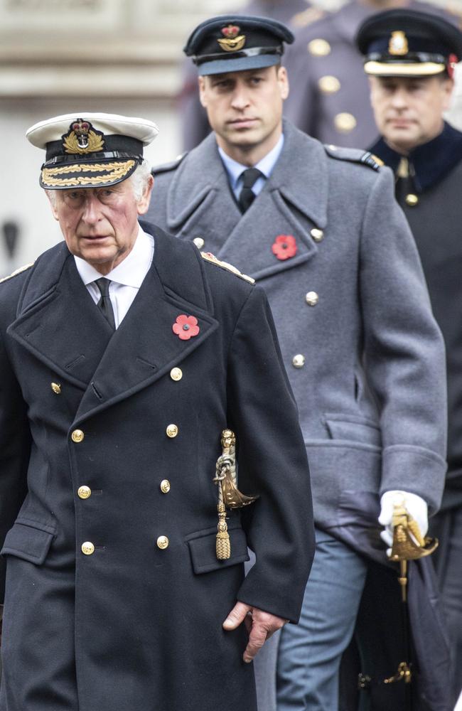 Prince Charles, Prince of Wales leads Prince William, Duke of Cambridge and Prince Edward, Earl of Wessex to the Cenotaph during the National Service Of Remembrance in London, United Kingdom. Picture: Getty Images