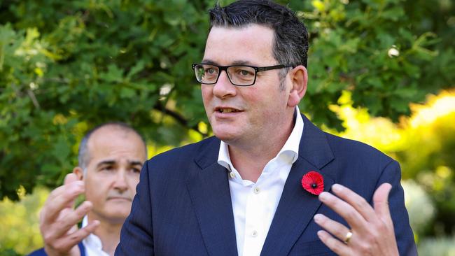 Victorian Premier Daniel Andrews holding outdoor press conference in Parliament House gardens with Deputy Premier James Merlino. Picture: NCA NewsWire / Ian Currie