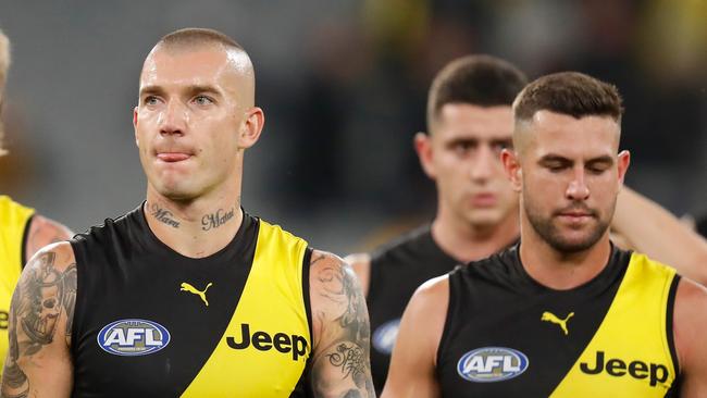 MELBOURNE, AUSTRALIA - MAY 07: Dustin Martin of the Tigers looks dejected after a loss during the 2021 AFL Round 08 match between the Richmond Tigers and the Geelong Cats at the Melbourne Cricket Ground on May 07, 2021 in Melbourne, Australia. (Photo by Michael Willson/AFL Photos via Getty Images)