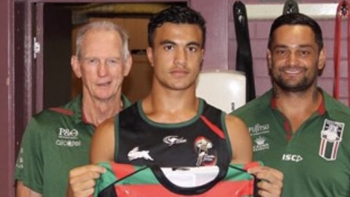 Joseph Suaalii with Wayne Bennett and John Sutton.