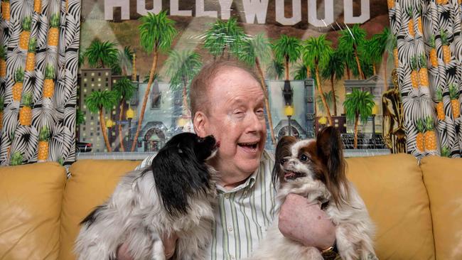 Radio presenter Leon Byner at his home in Oakden with his dogs Freckle and Bounty. Picture: Naomi Jellicoe