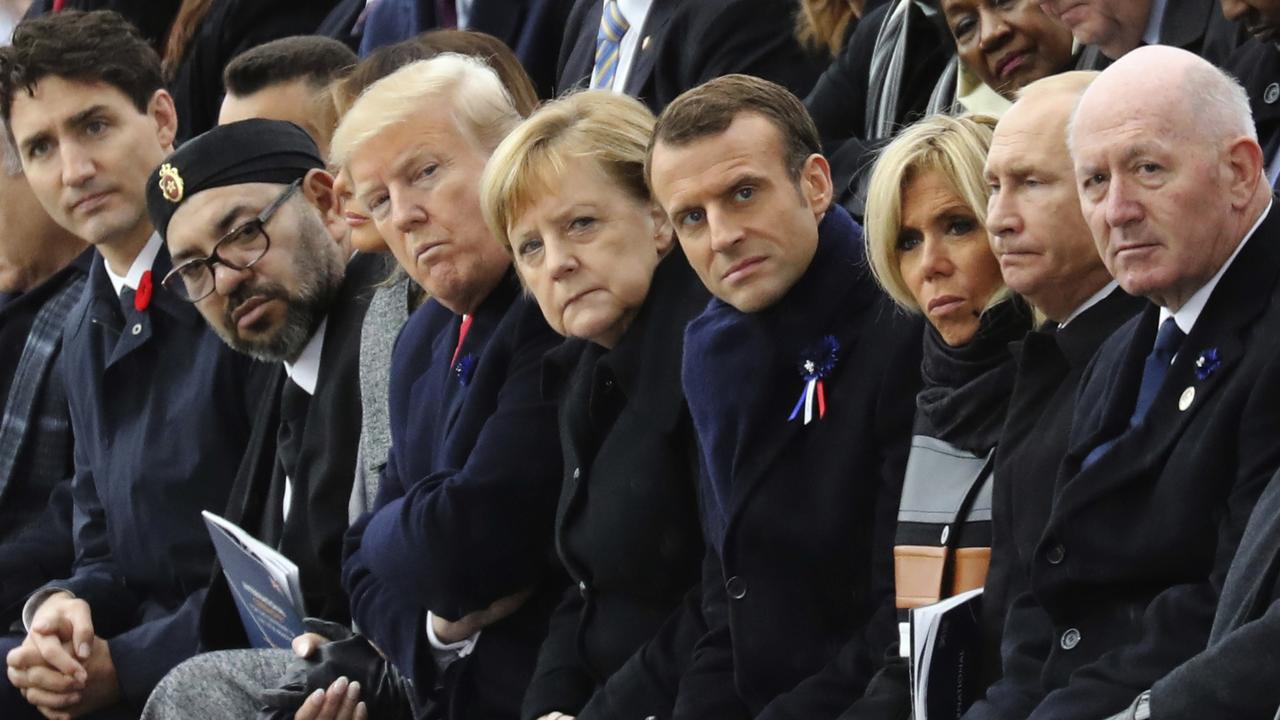 French President Emmanuel Macron and his wife Brigitte Macron sit alongside key world leaders including Australian Governor-General Peter Cosgrove during commemorations marking the 100th anniversary of the Novevmber 11, 1918, armistice, which ended World War I. Picture: AP