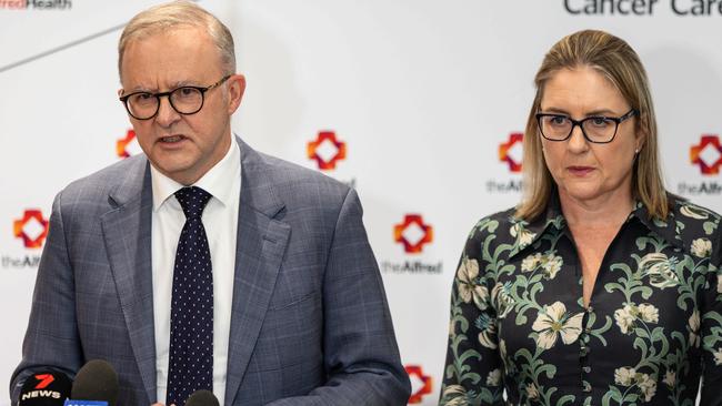 MELBOURNE, AUSTRALIA - NCA NewsWire Photos - 19 APRIL 2024: Australian Prime Minister Anthony Albanese and Victorian Premier Jacinta Allan speak to the media during a press conference after the inauguration of the Paula Fox Melanoma and Cancer Centre. Picture: NCA NewsWire / Diego Fedele