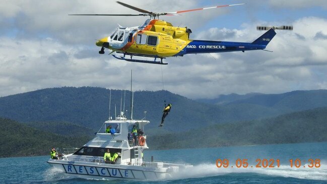 RACQ helicopter gets ready for landing during a training exercise in the Whitsundays. Photo: Shirley Wodson.