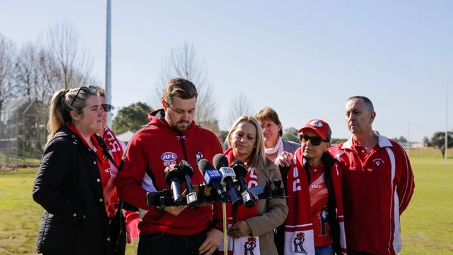 Members of Singleton Roosters AFC Committee, speaking to media after the crash. (Photo by Roni Bintang/Getty Images)