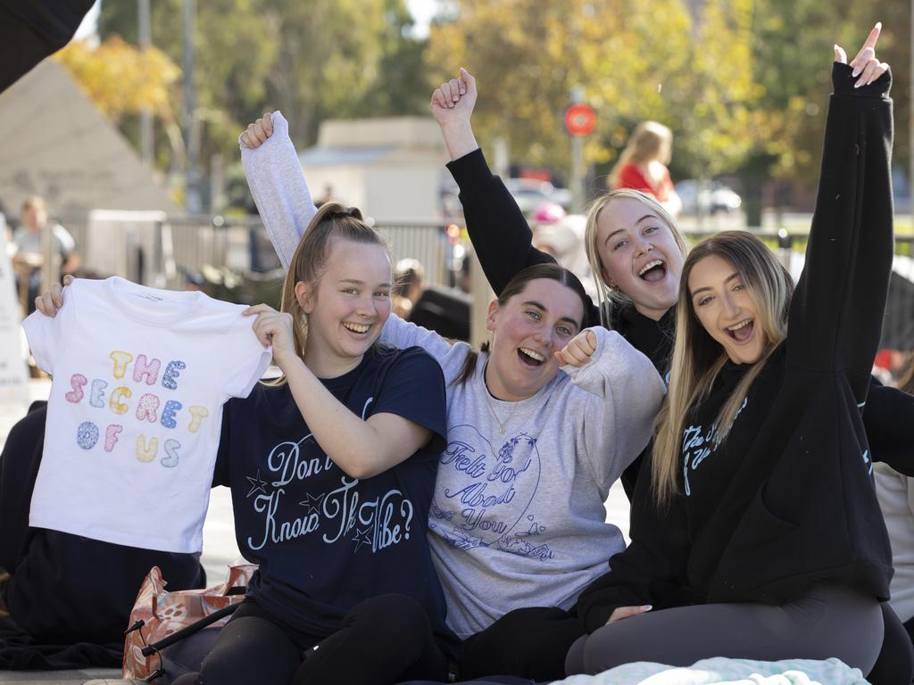 L-R Sydney locals Jacqui Watters, Talia Field, Eloise Vanderwaals and Tahlia De Nobrega travelled to Adelaide for Gracie Abrams’ show. Picture: Brett Hartwig