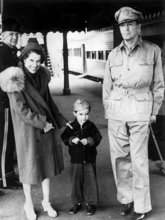 USA armed forces commander army officer General Douglas MacArthur with wife Jean Marie and son Arthur at Terowie railway station on March 20, 1942.