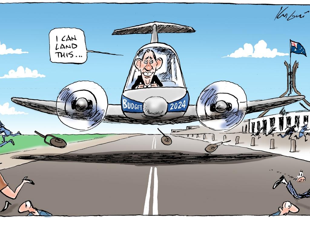 Mark Knight’s cartoon show Jim Chalmers attempting to land the federal budget without landing gear. Picture: Mark Knight