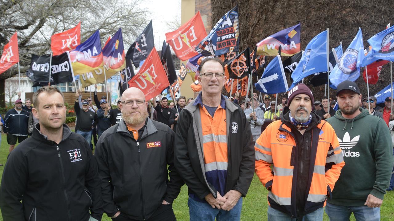 Taking part in strike action against the Toowoomba Regional Council are 150 employees and organisers (from left) ETU's Dan McGaw, TWU's Geoffrey Green, CFMEU's Peter D'Arcy, AMWU's Ricky Luke and PPTEU's Kieron Cundy.