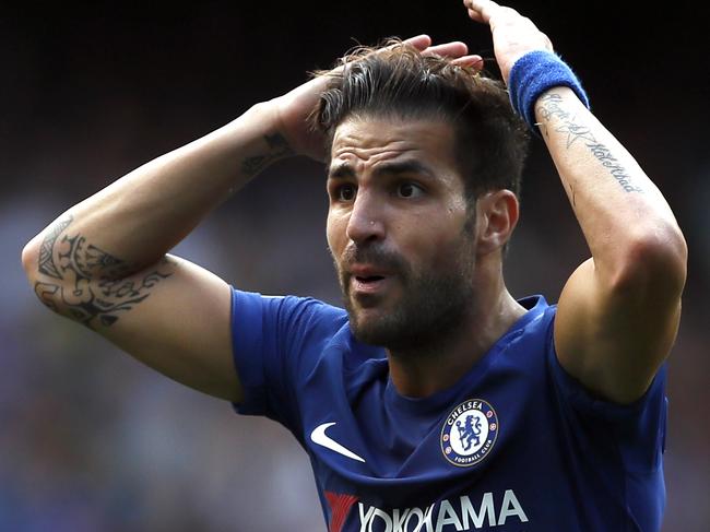 Chelsea's Cesc Fabregas reacts after getting a red card during the English Premier League soccer match between Chelsea and Burnley at Stamford Bridge stadium in London, Saturday, Aug. 12, 2017. (AP Photo/Kirsty Wigglesworth)